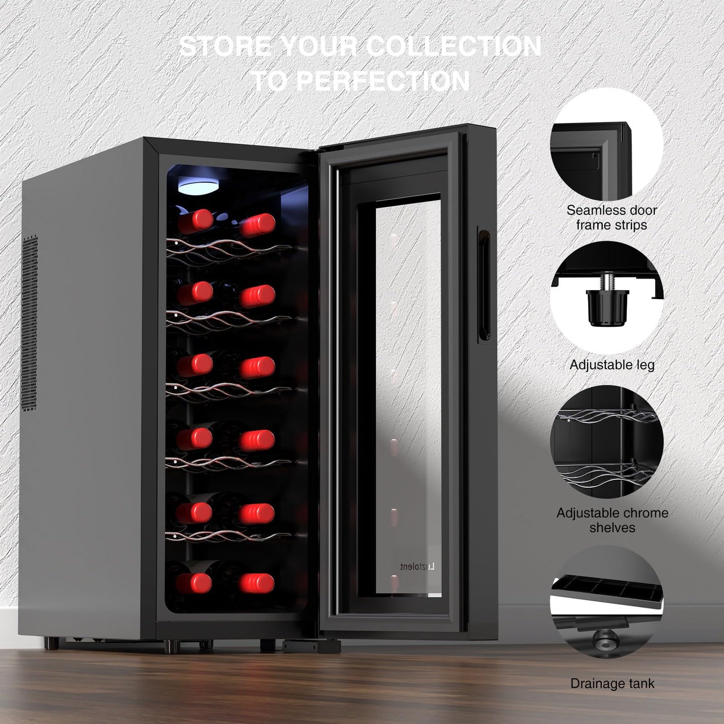 Luztolent 12 Bottles Wine Fridge, Wine Cooler Refrigerator, 46-66℉ Digital Temperature Control & Double-chip Cooling System, 38dB Low Noise, Small Fridge for Kitchen, Condo, RV