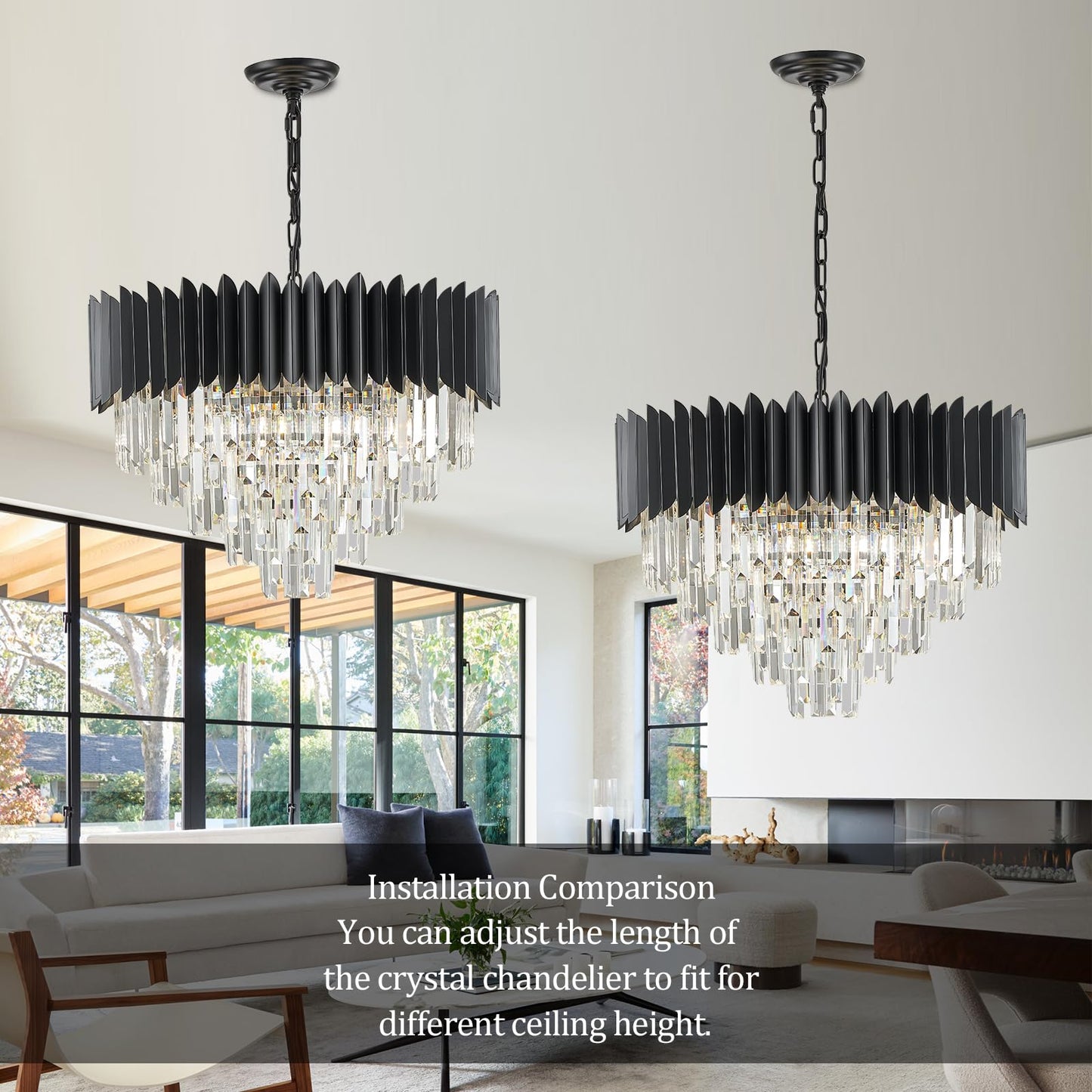 YOLIZUOT Black Crystal Chandelier 24'' K9 Crystal Round Pendant Lights Adjustable 5-Tier Large Modern Crystal Chandelier Light 10-Lights for Dining Room Living Room Kitchen Foyer Entryway