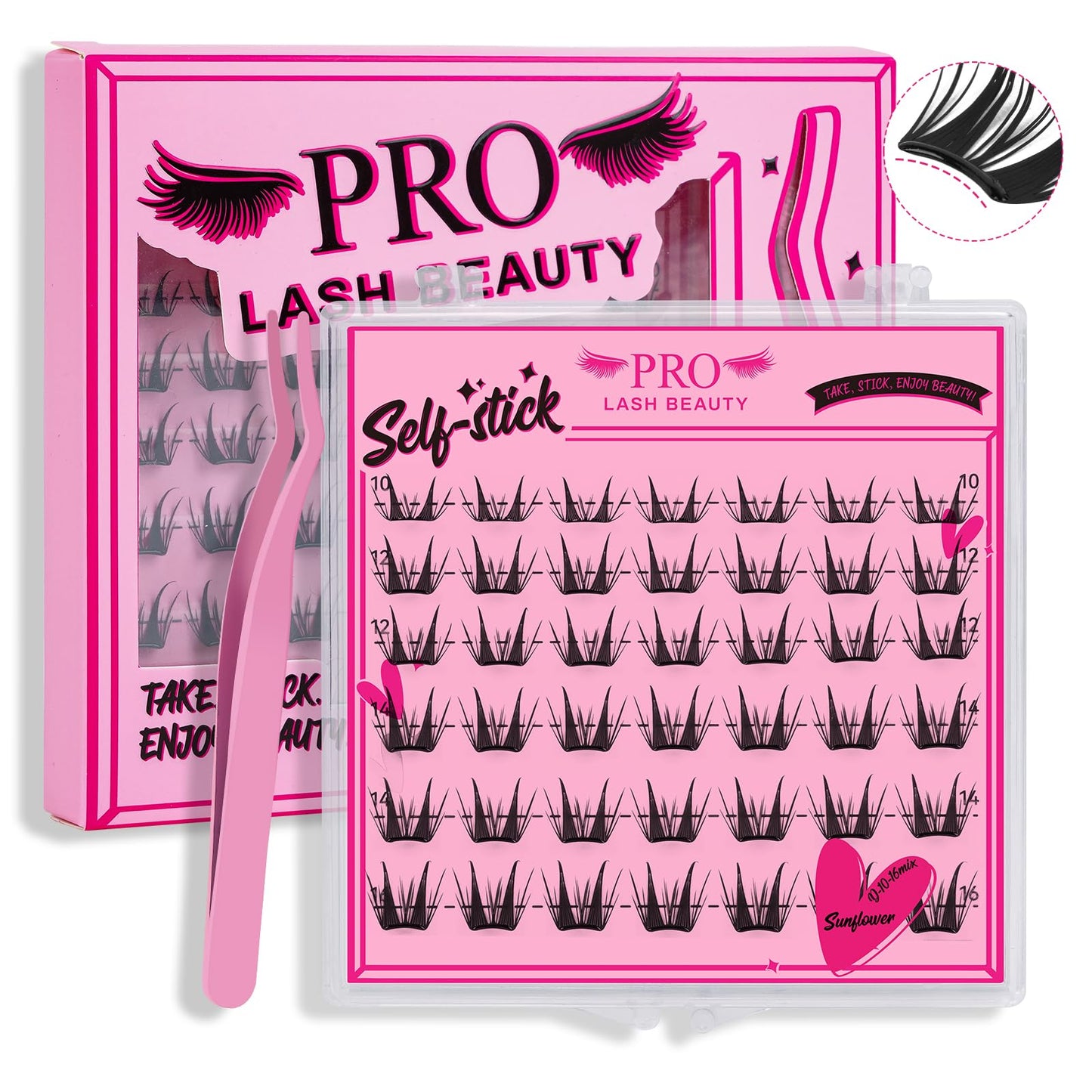 PRO Self Adhesive False Eyelashes,Lash Clusters No Glue Needed Pre Glued No Remover,1 applicator,Easy to Apply, Curved-Thin Band