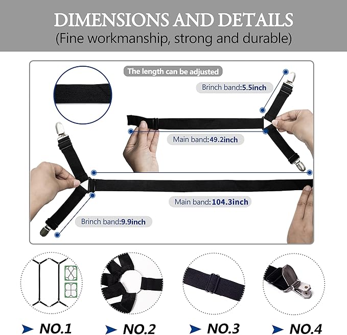 Bed Sheet Holder Corner Straps-Adjustable Crisscross Sheet Clips,Elastic Band Fitted Bedsheet Fasteners Suspenders Grippers,2Pcs Black