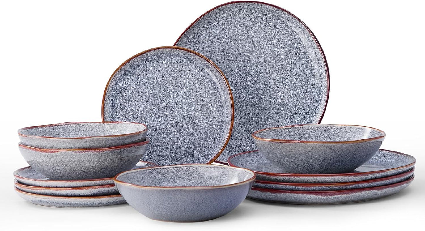 Bestone 12 Pieces Round Kitchen Dinnerware Sets，Plates and Bowls Sets,Dishes, Plates, Bowls, Dish Set, Chip Resistant Ceramic Dinnerware Set, Dishwasher/Microwave Safe,Service for 4,Reactive Blue