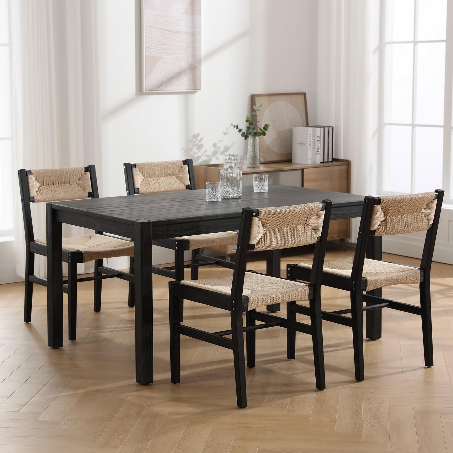 BESTANO Mid Century Modern Weave Rattan Dining Chairs Set of 4, Black Beechwood Farmhouse Boho Dining Room Chairs Wicker Chairs with Back
