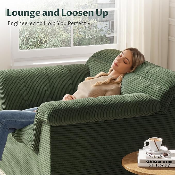 SUNG7 51" Cloud Sectional Couch, Modern Modular Sofa with Deep Seat, Comfy Compressed Single Sofa, Upholstered Corduroy Couches for Living Room, No Assembly Required, Green