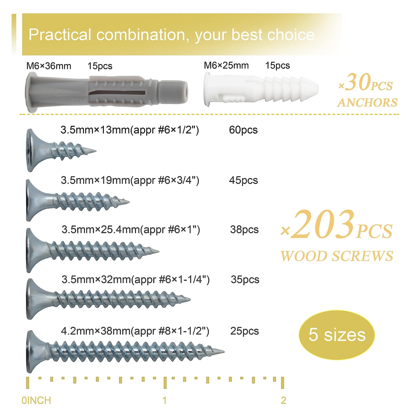 JEGONFRI High Hardness Wood Screws Assortment Kit and Plastic Wall Anchors, 203 pcs 1/2" to 1-1/2" Phillips Drive Flat Head Screws & 30 pcs M6 Drywall Anchors