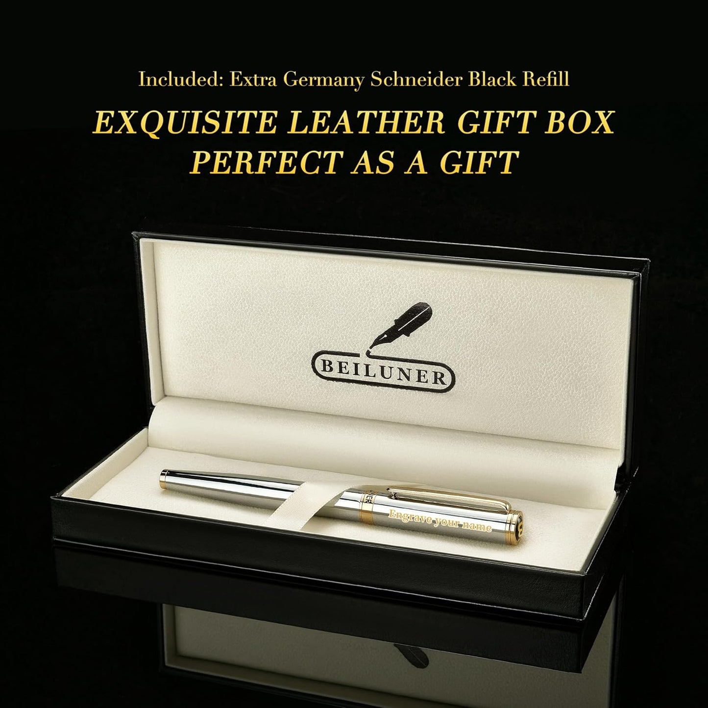 BEILUNER Silver Chrome Personalized Pen, Stunning Luxury with 24K Gold Finish,Noble and Elegant Designs,Schneider Ink Refill, Best Gift Pen for Men & Women, Graduation, Executive Office, Fancy Pens