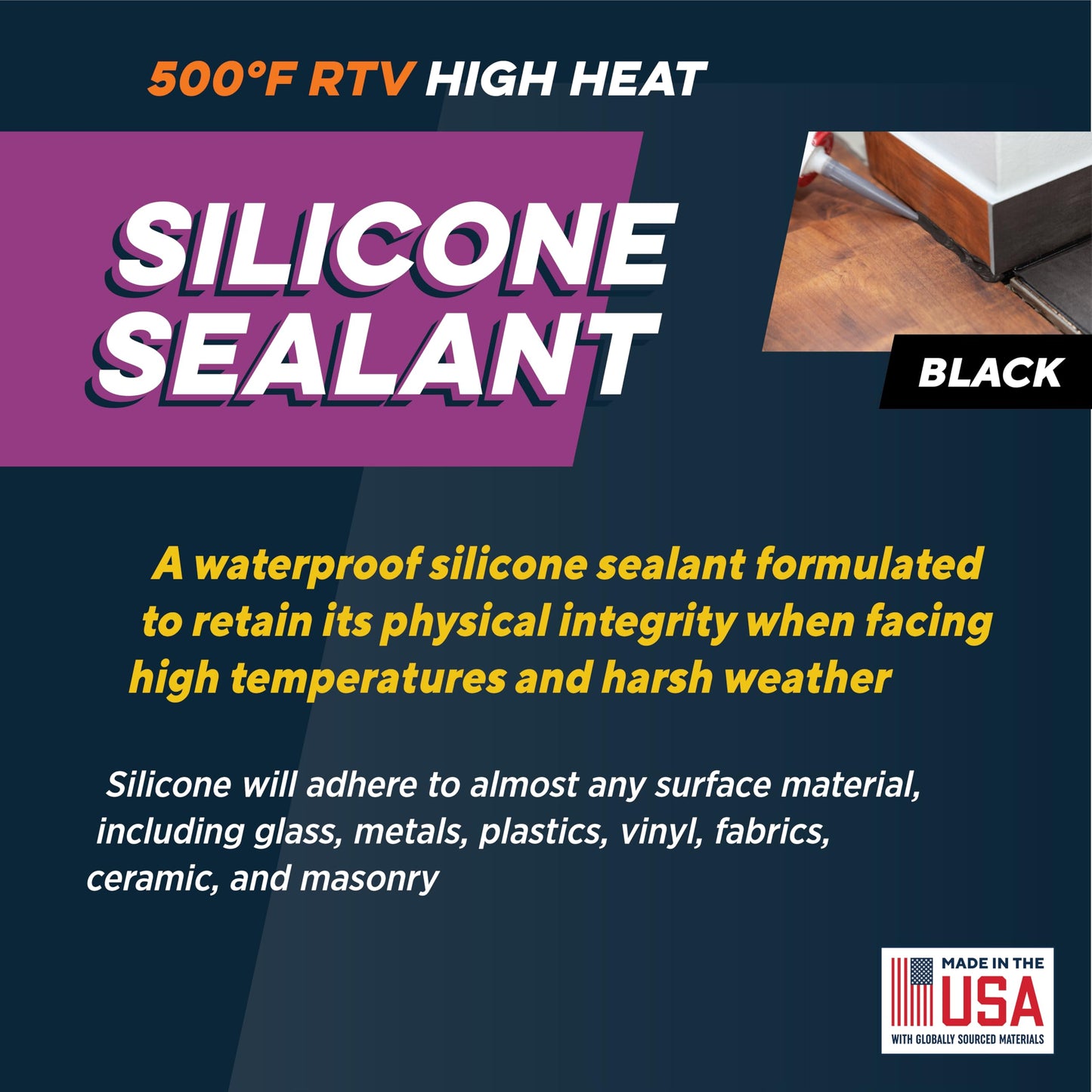 Rutland 500°F RTV High Heat Silicone Sealant Black, USA-Made High Temperature Gasket Maker Adhesive - UV Stable, Oil Resistant & Non-Corrosive