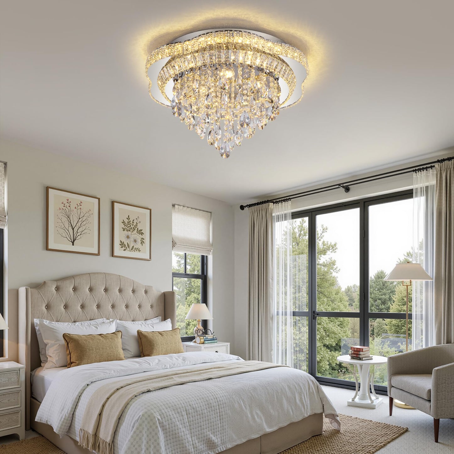 OSGNER 24" Sliver Crystal LED Ceiling Light Fixture with Remote Control,Flush Mount Chandelier with 3-Color Dimmable for Living Room Bedroom Dining Room Hallway - Modern Flower Design