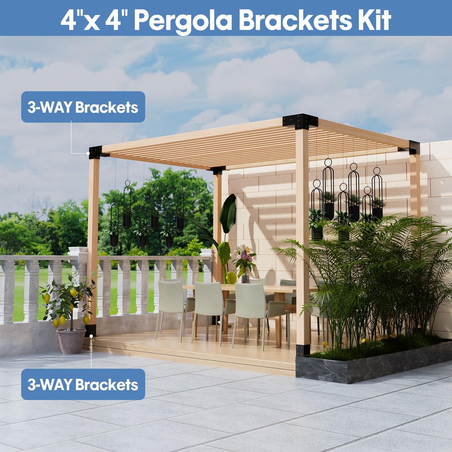 Pergola Kit, Heavy Duty 3-Way Pergola Brackets for 4"x 4" (Actual 3.5" X 3.5") Lumber,DIY Rust-Proof Gazebo Bracket Kit with Right Angle Corner Bracket, Gazebo Hardware Kits for Patio Backyard Outdoor
