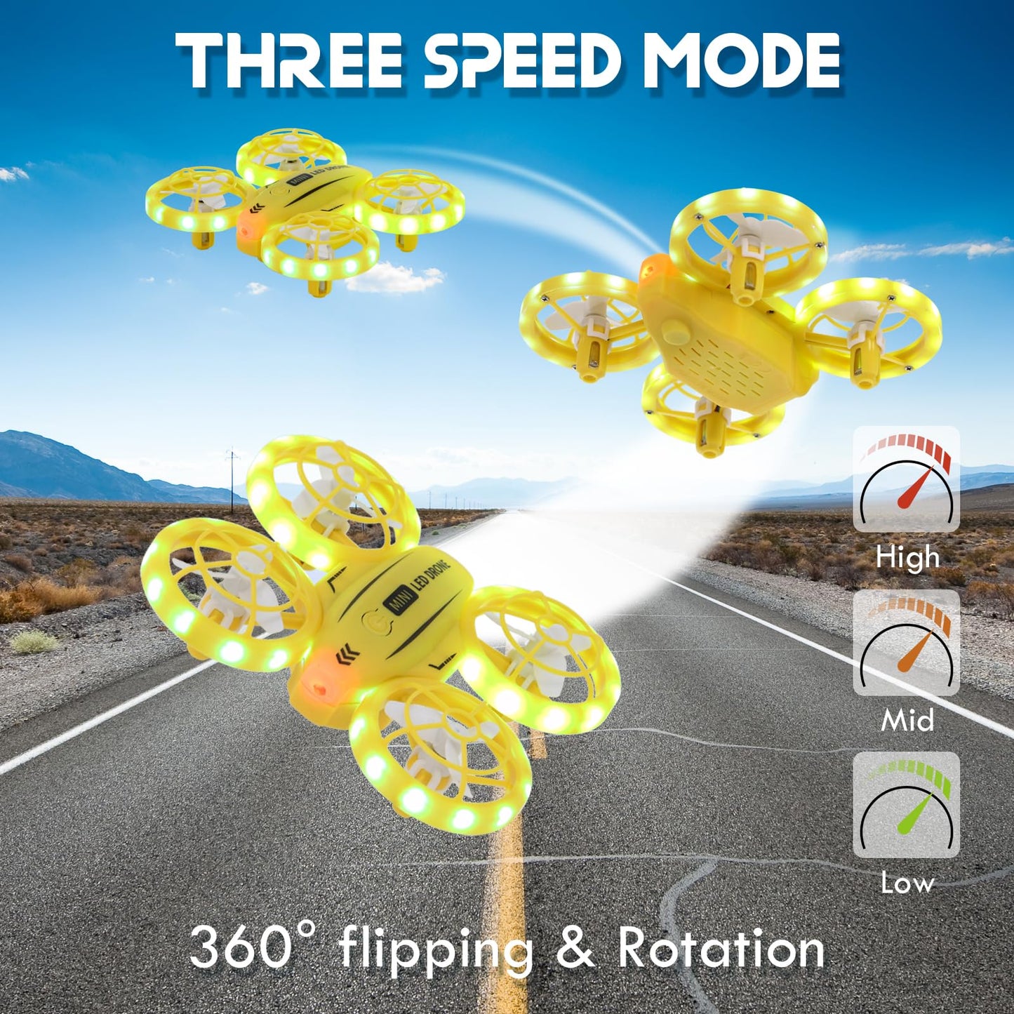 Mini Drone for Kids, Colorful LED RC Drone Quadcopter for Beginners with Headless Mode, 360 Flips, Altitude Hold, 3 Speeds Mode,Full Propeller Protect,Toys Gifts for Boys Girls,Yellow