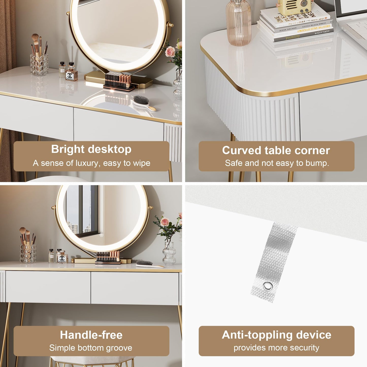 KDCAS Modern Vanity Desk with Mirror and Lights, 39" White and Gold Makeup Vanity Table with 2 Storage Drawers, Stylish Gold Dressing Table for Small Spaces & Bedroom