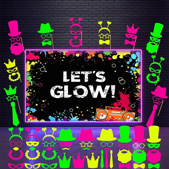 46 Pieces Glow Party Supplies Including Let's Glow Neon Banner Backdrop 45 Photo Booth Prop Fully Assembled Fluorescent Pa...