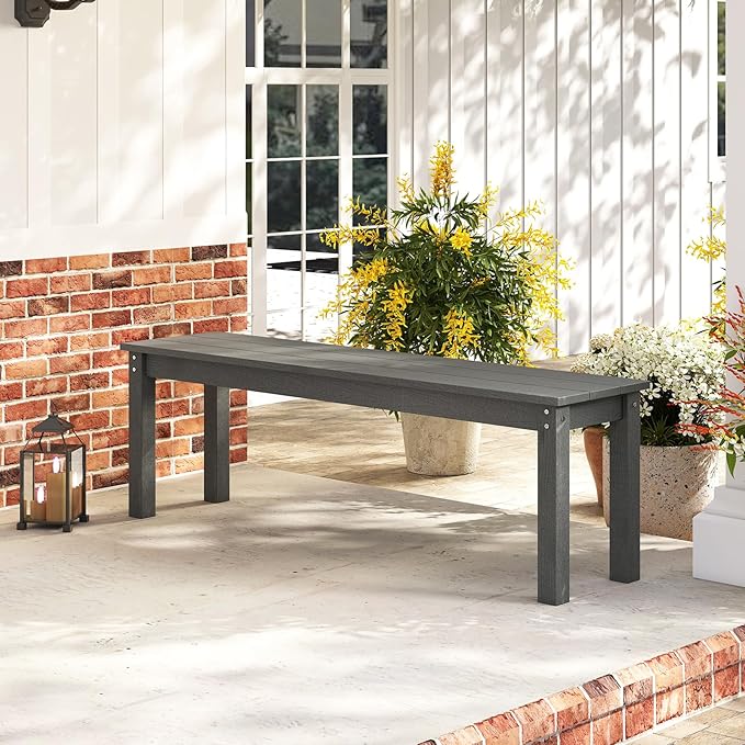 Tangkula HDPE Outdoor Bench, 2-3 Person Patio Bench, 55" Backless Garden Dining Bench with Slatted Seat, Weatherproof Park Bench for Entryway, Porch, Lawn & Backyard (Grey,2)