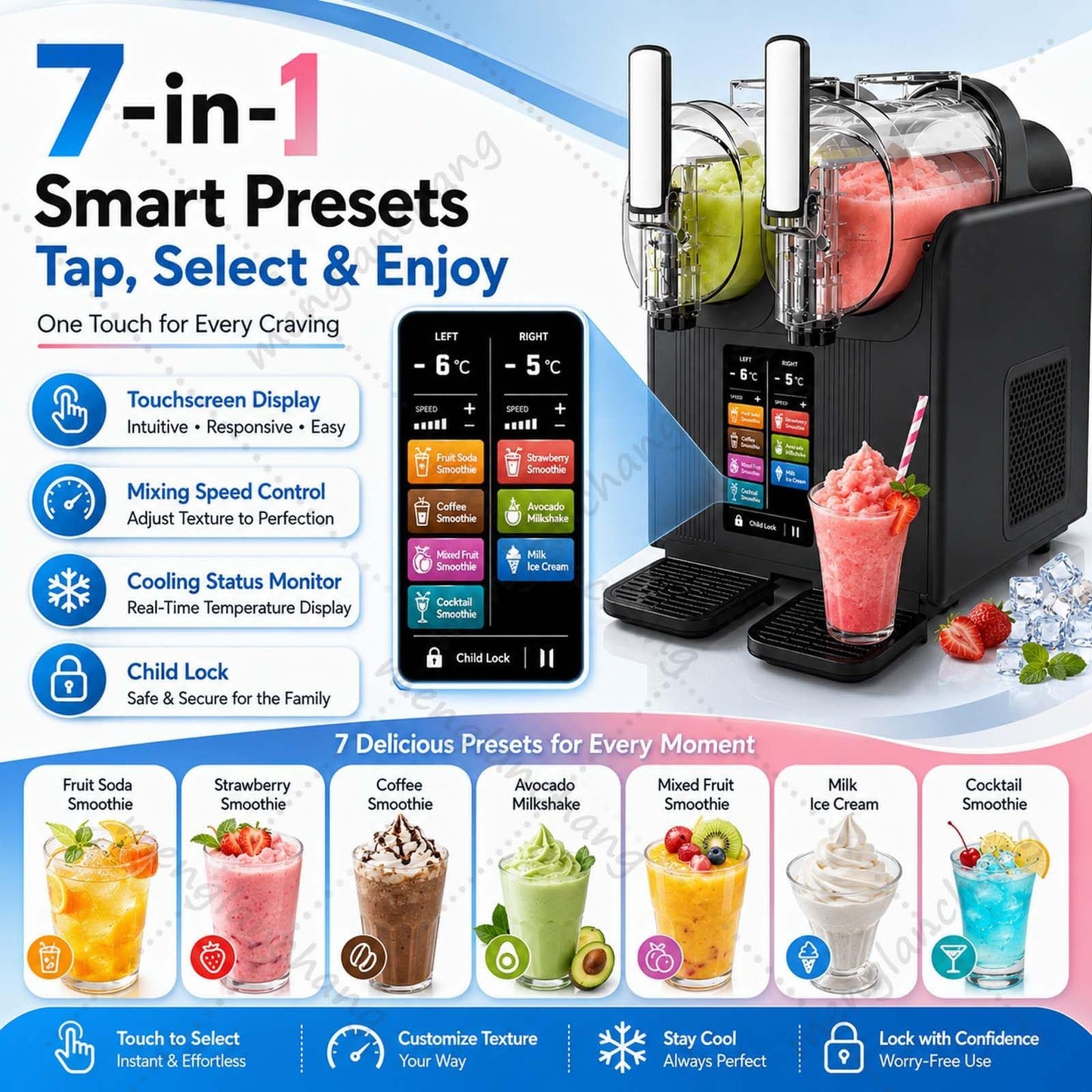 Slush Machine | Soft ServeIce Cream Maker | Slushy Machine Dual Tank 2x2L for Home/Commercial,No ice needed w/Rapid Chill&Temperature Control/Touchscreenfor Margarita,Frappé,Easy Clean Black