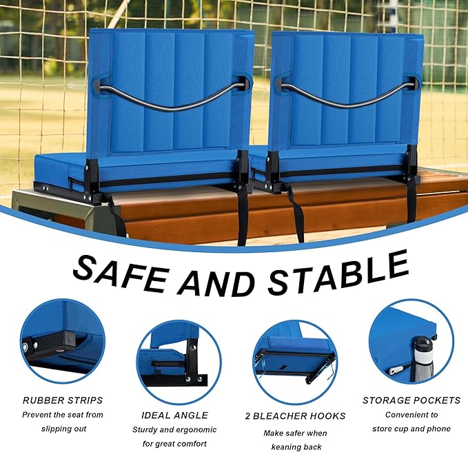 Aliphon Stadium Seat for Bleachers with Back Support and Cushion, Bleacher Seats with Shoulder Strap and Cup Holder, Padded Portable Folding Comfort Stadium Chair, for Sports Events, Blue (1pcs)