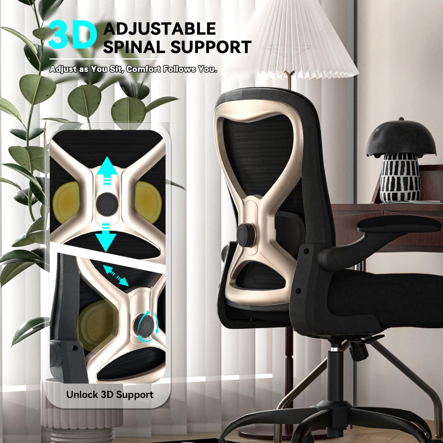 CASASIO Office Desk Chair with Ergonomic Lumbar Support, Extra-Thick Seat Cushion, Flip-up Arms, Breathable Mesh Back, Computer Task Chair for Home Office