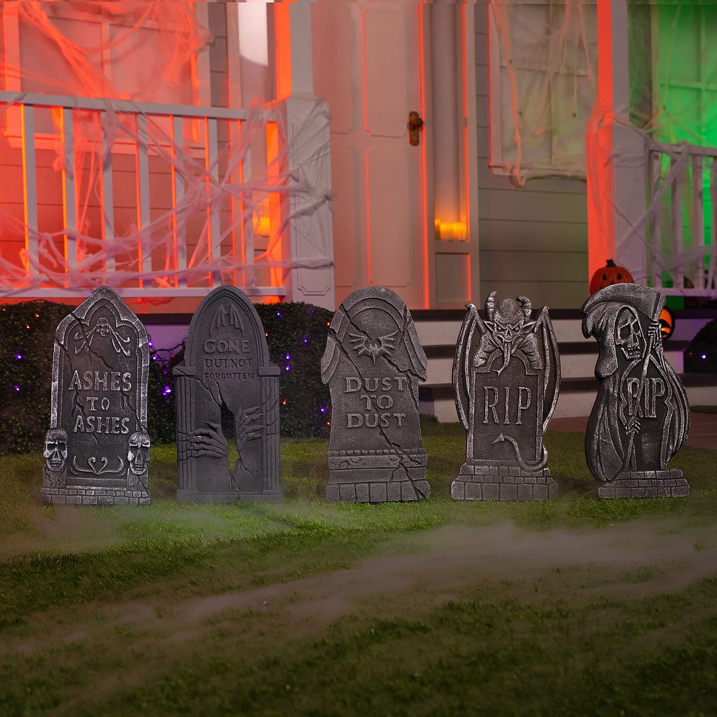 JOYIN 17” Halloween Tombstones for Graves Decorations Outdoor (5 Pack), Foam RIP Graveyard Headstone Decorations and 12 Bonus Metal Stakes for Halloween Yard Lawn Decor