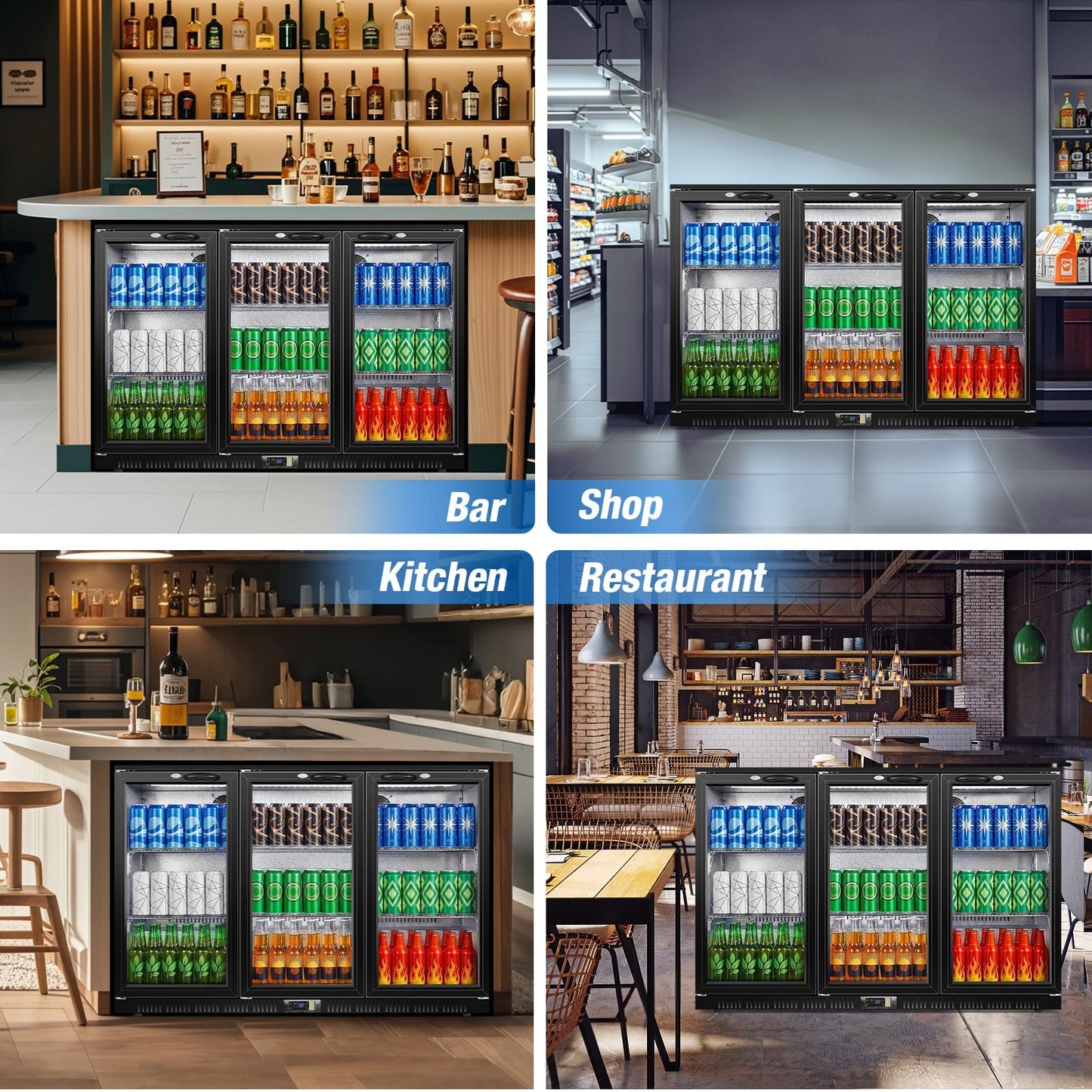 Beverage Refrigerator, 53.15W Inch 12 Cu.Ft Drink Fridge, Back Bar Beer Fridge with 3 Glass Door, 35.43" Height Beverage Cooler, Built-in & Undercounter Commercial Back Bar Cooler for Kitchen Shop Bar