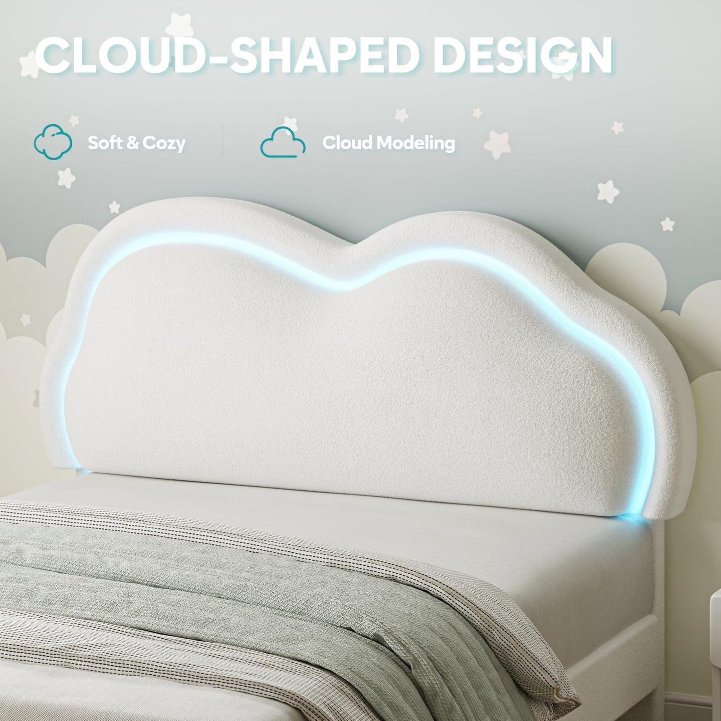 CIKUNASI Cloud Bed Frame Queen Size Platform Bed Frame with Headboard and LED Light for Girls/Kids Upholstered Queen Bedframe with Heavy Duty Wood Slat No Box Spring Needed