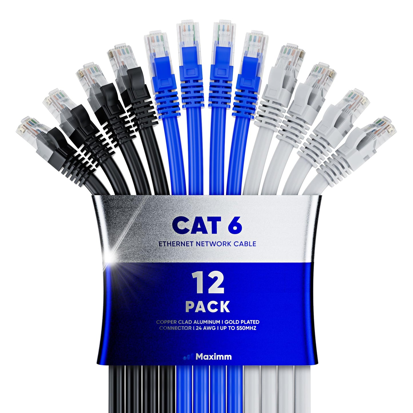 Maximm Cat 6 Ethernet Cable 15 Ft, (12-Pack) Cat6 Cable, Lan Cable, Internet Cable, Patch Cable And Network Cable - Utp (Tricolo