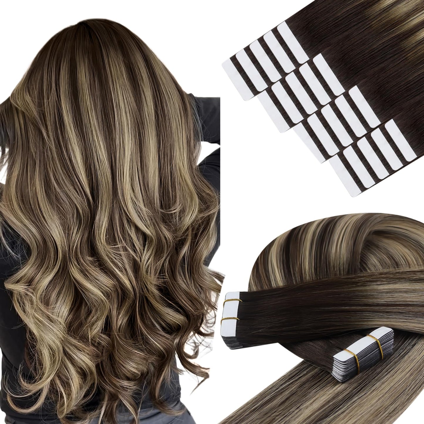 YoungSee Invisible Tape in Hair Extensions Balayage Tape Hair Extensions Dark Brown Balayage Blonde Real Hair Tape in Extension