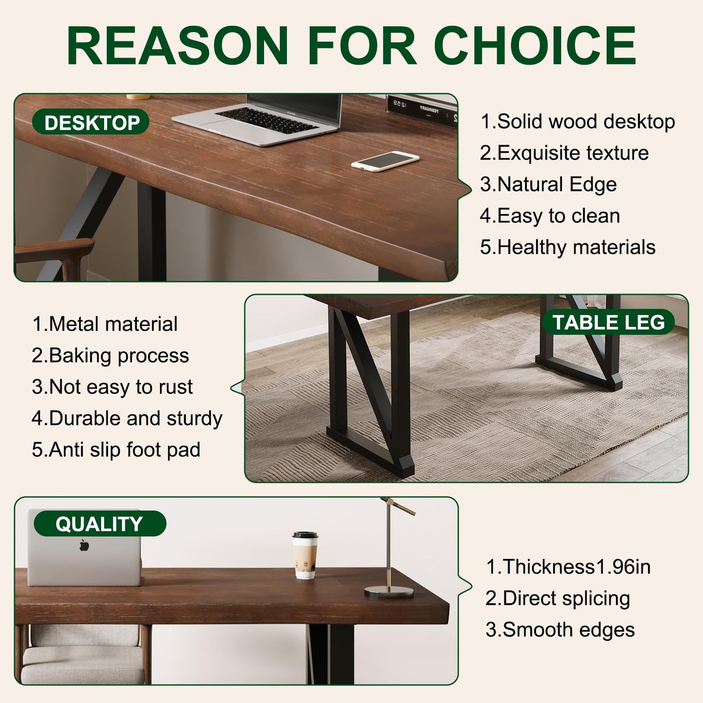 jmzx store Solid Wood Rustic Style 55-inch Computer Desk - Large Office Desk for Home Office, Modern and Simple Design, Ideal for Study, Writing, Dining