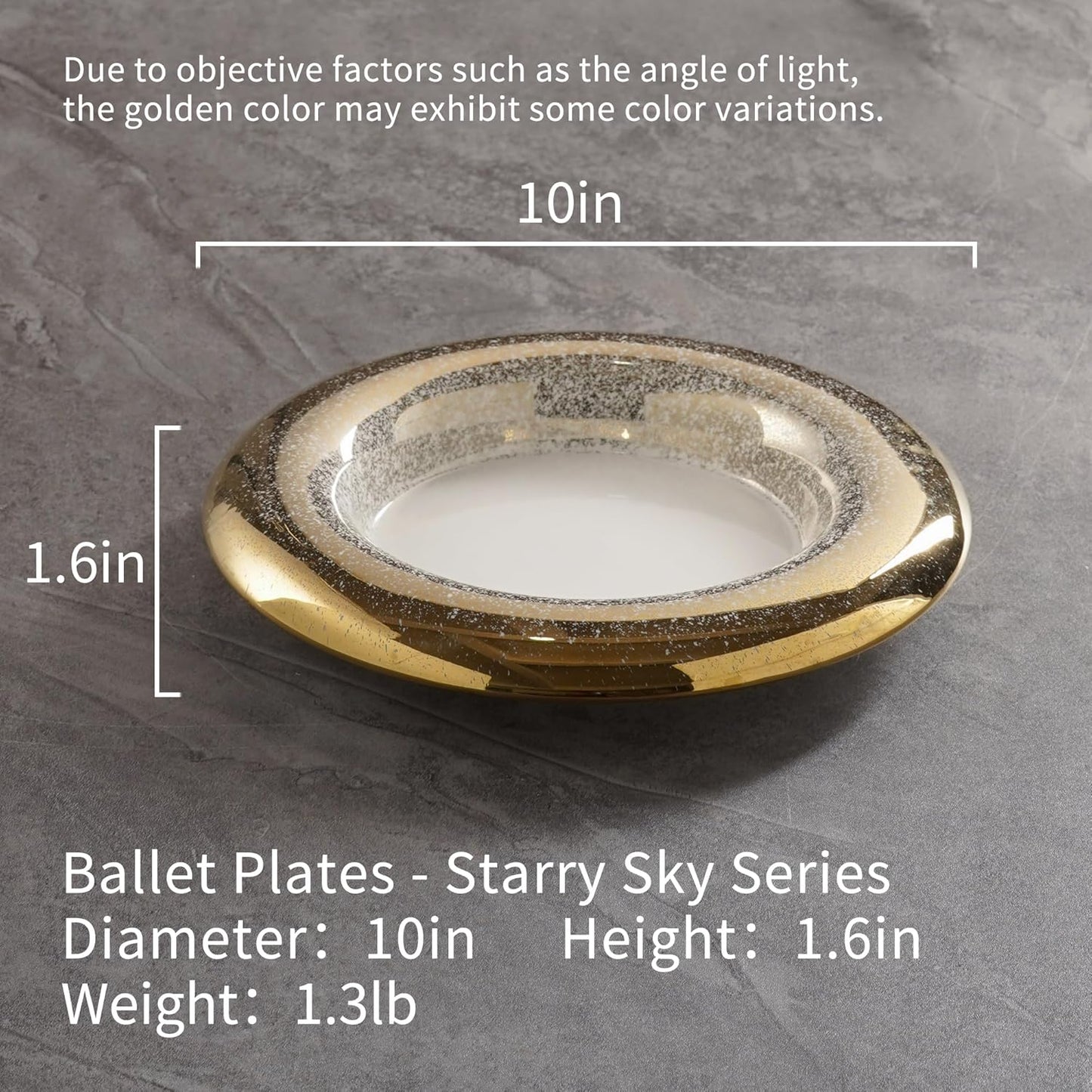 10 Inch Porcelain Dinner Plates Set of 4 - Hand-Decorated Gold Speckled Rim, Restaurant Grade Fine Dining Ceramic Plates for Elegant Presentation, Pasta, Seafood, Salad, Sushi