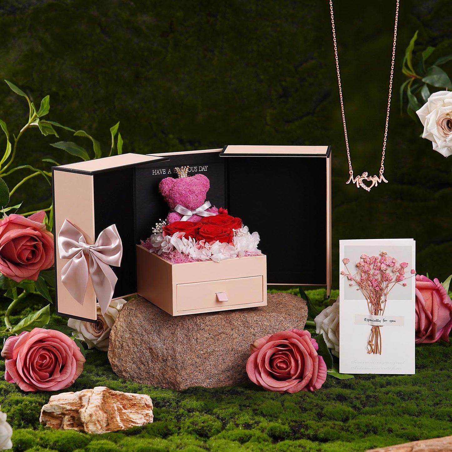 ADDWel Mom Birthday Gifts from Daughter or Son – Preserved Real Rose with Mom Necklace and Cute Moss Bear – Unique Rose Gifts for Women, Perfect for Mum, Mama, Mother on Birthday or Mother's Day