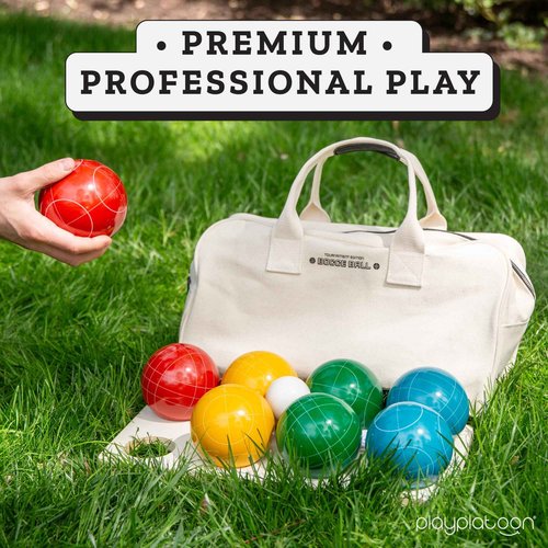 Play Platoon Bocce Ball Set Regulation Size Game Set - 107mm with 8 Hard Polyresin Premium Balls, Pallino, and Professional Carry Bag & Measuring Rope - Outdoor Games for Backyard, Lawn, Beach