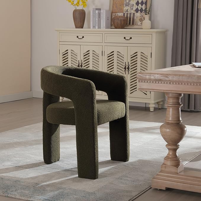 DAYALANE Modern Boucle Dining Chair, Sherpa Upholstered Accent Kitchen Chair with Arms Comfy Barrel Side Chair for Living Room/Home Office/Reception, Green