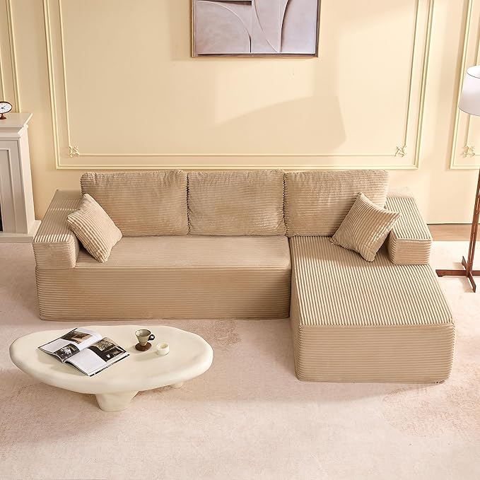 Afuson 107" Boneless Couch with Deep Seat, Modular Sectional Sofa, Cloud Sectional Couch for Living Room, No Assembly Required, Corduroy, L-Shape Right, Camel