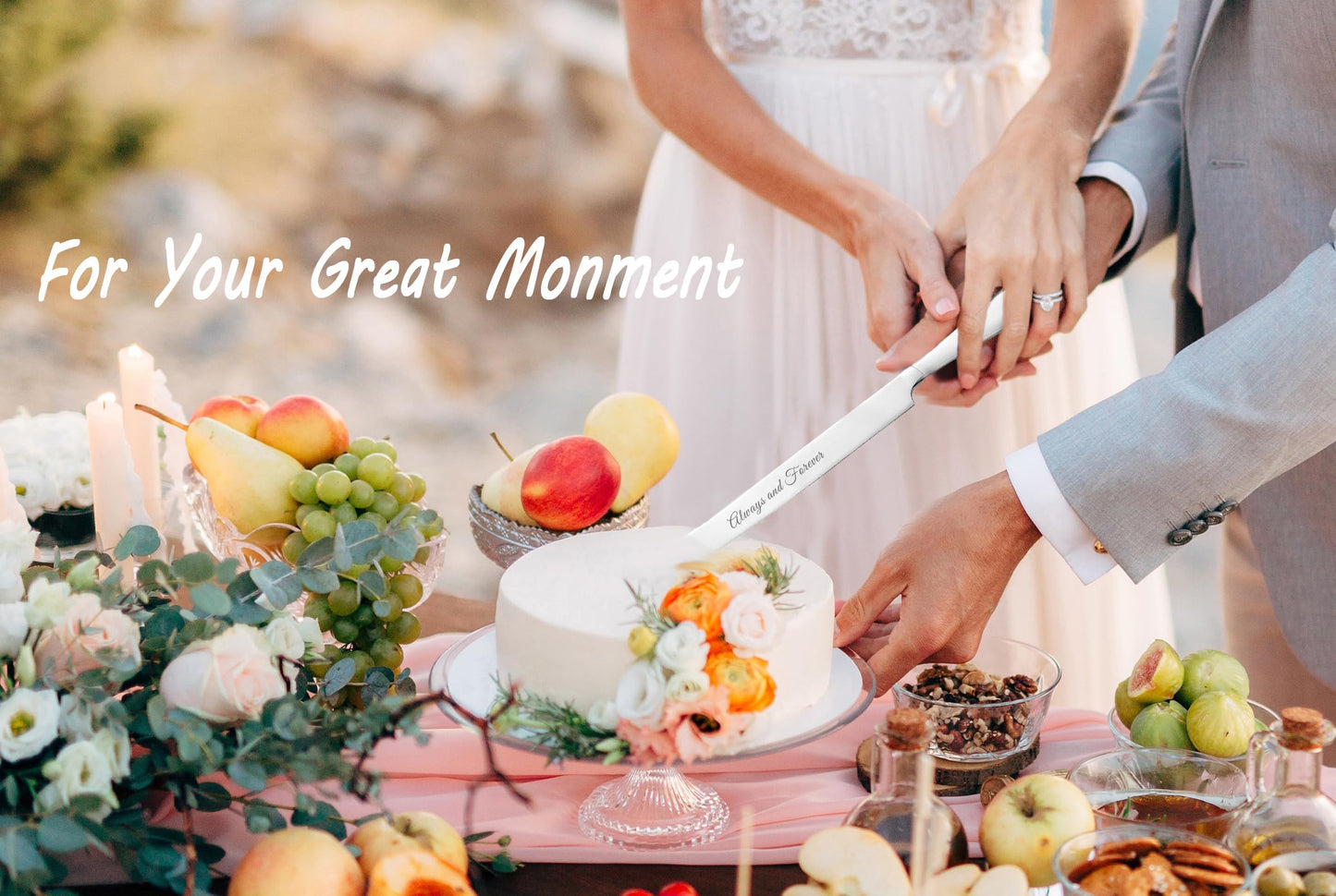 Wedding Cake Knife and Server Set, Silver Cake Cutting Set for Wedding, 4 Pieces Set with Forks for Engagements, Anniversaries, Bride and Groom