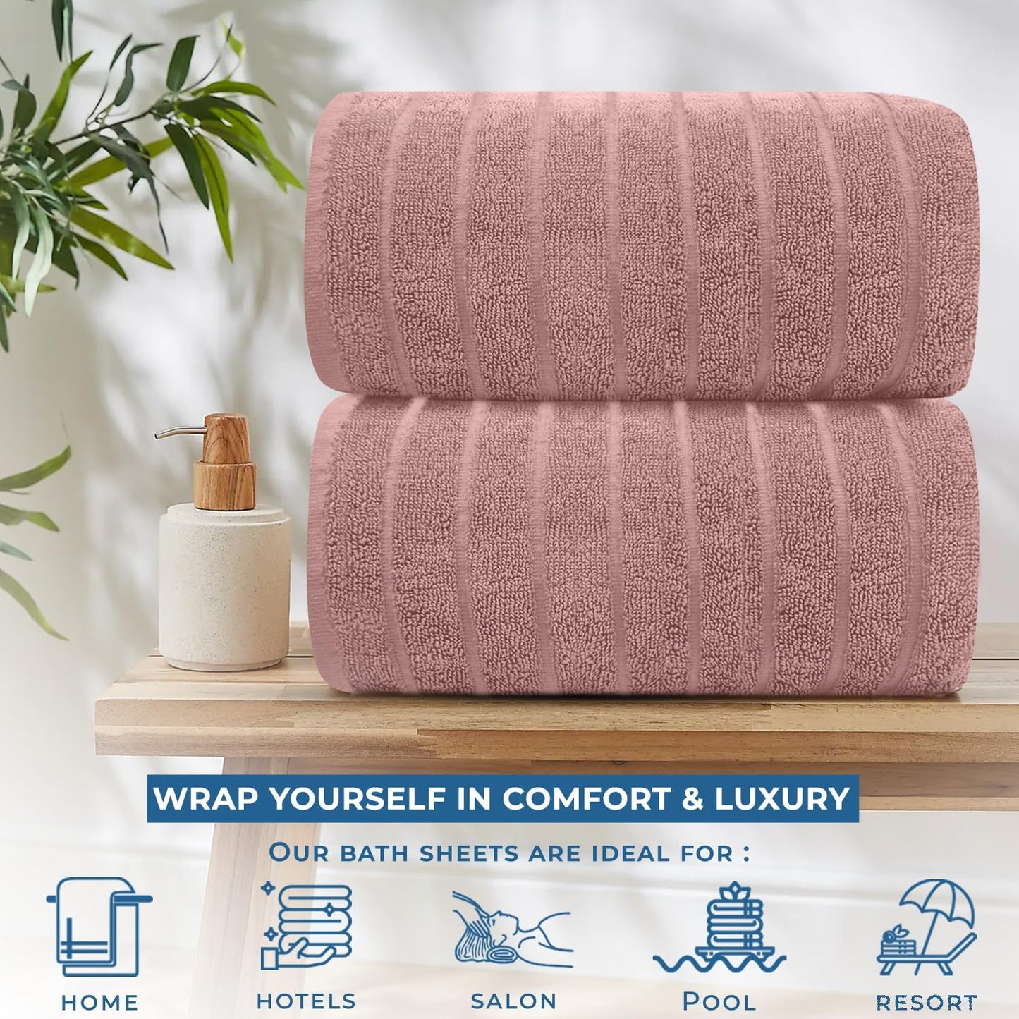 Dan River Pack of 2 Bath Sheet 35x70 Inches, Ribbed Oversized Towels for Adults, Quick Dry Plush Bath Towels - Dusty Rose