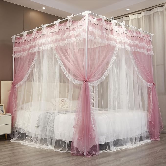 NXGIO Bed Canopy Curtain Double Layer 4 Corners Post Lace Up Ruffle Princess Drape Netting 4 Opening Mosquito Net for Girl...