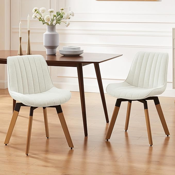 Art Leon Swivel Dining Chairs Set of 2, Mid Century Modern Kitchen Dining Room Chairs, Upholstered Fabric Armless Side Chair with Wood Legs for Living Room Bedroom, Off White