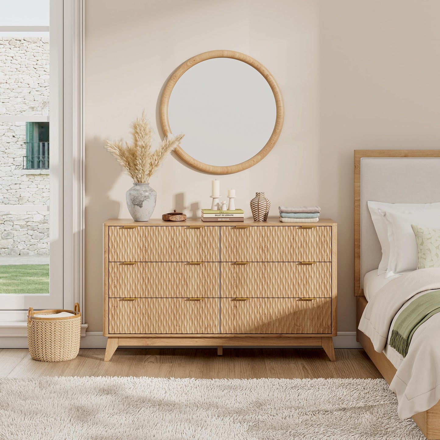 Cooday Fluted 6 Drawers Dresser, Modern Dressers & Chests of Drawers, 54" Wide Light Wood Dresser for Bedroom, Storage Cabinet Organizer for Hallway(Natural Oak)