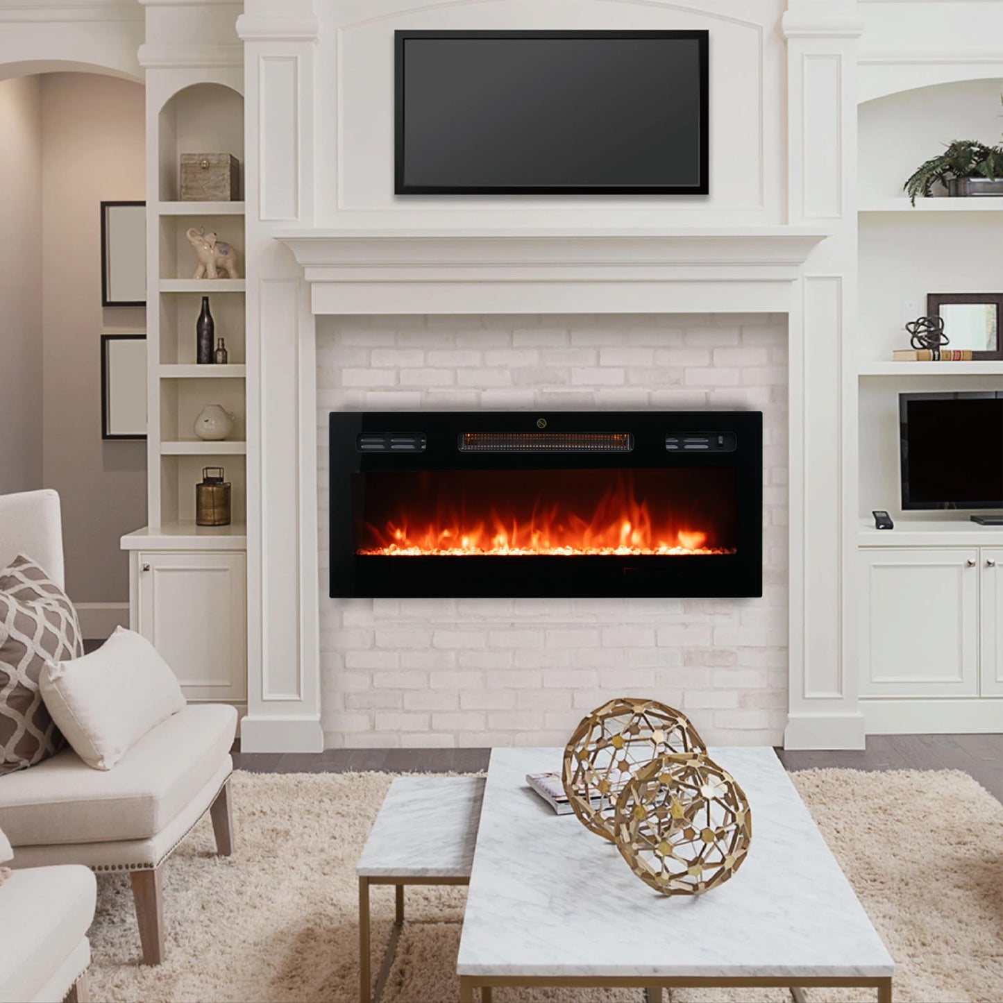 FULEIWO 30 Inch Recessed and Wall Mounted Electric Fireplace, Ultra-Thin Fireplace Heater with Remote Control, 12 Colors Adjustable Flame, Timer, 750W/1500W for Living Room Bedroom, Black