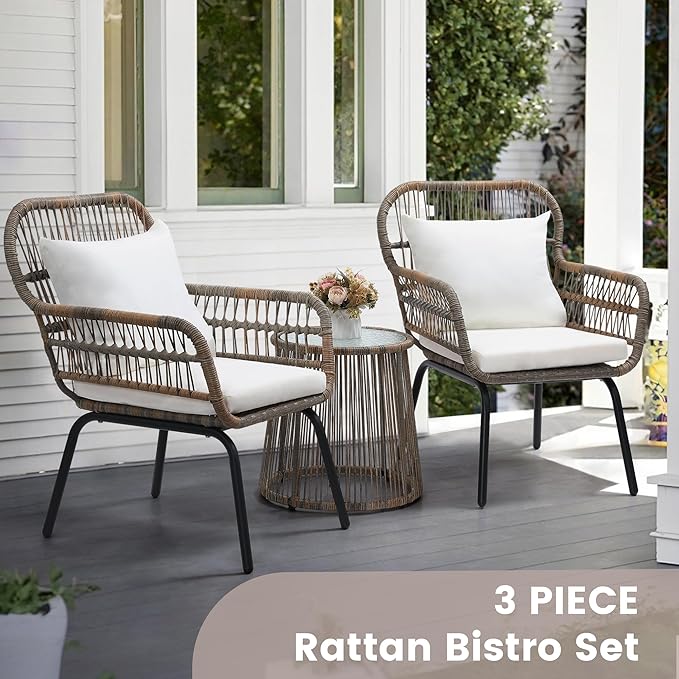 wildformers 3 Pieces Rattan Wicker Bistro Set, Outdoor Conversation Set, Wicker Furniture Set with Glass Top Table, Space Saving for Balcony, Backyard, Natural
