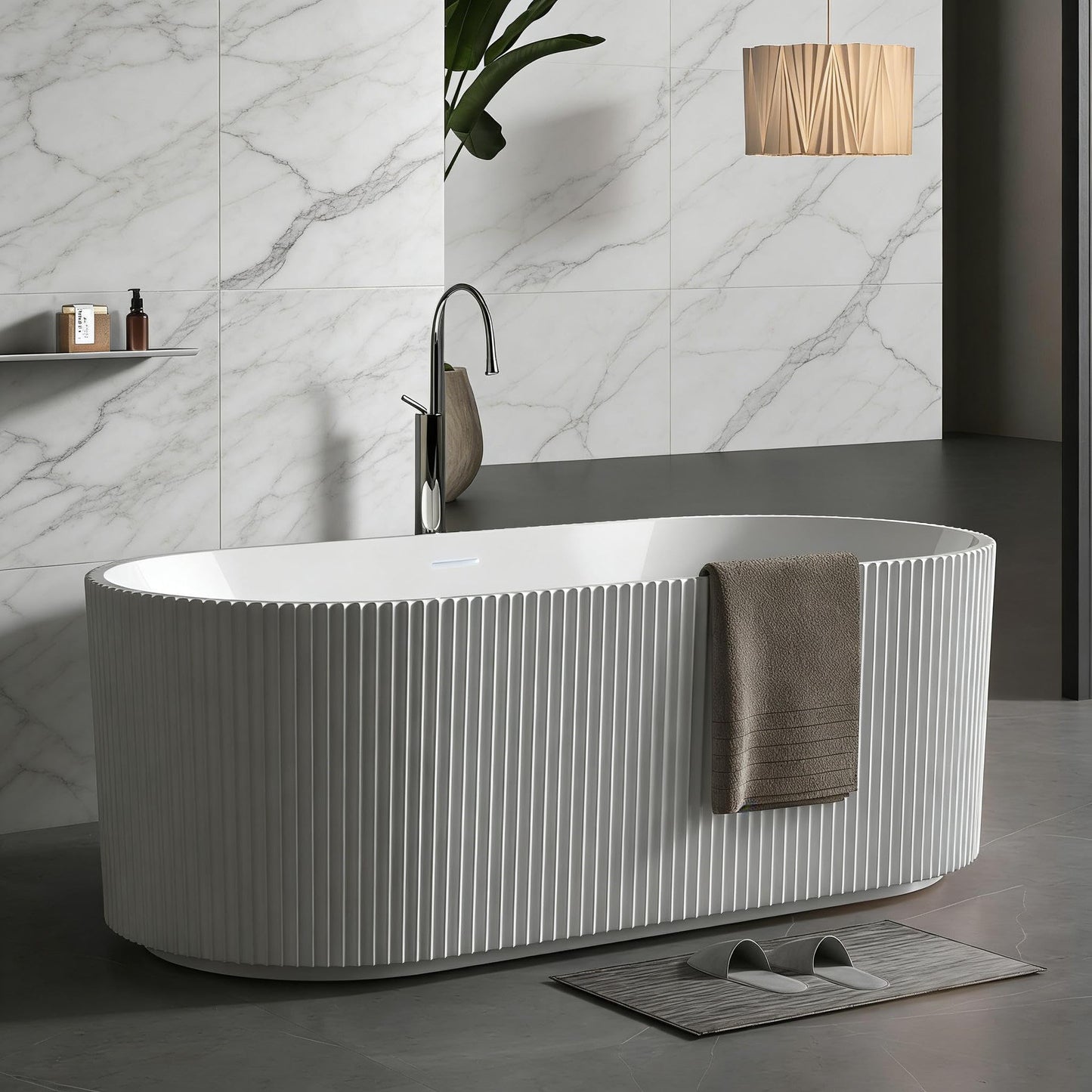 67" Acrylic Freestanding Soaking Bathtub, Matte Drain & Black Overflow, Contemporary Design Tub for Home Bathroom Renovations, Glossy White