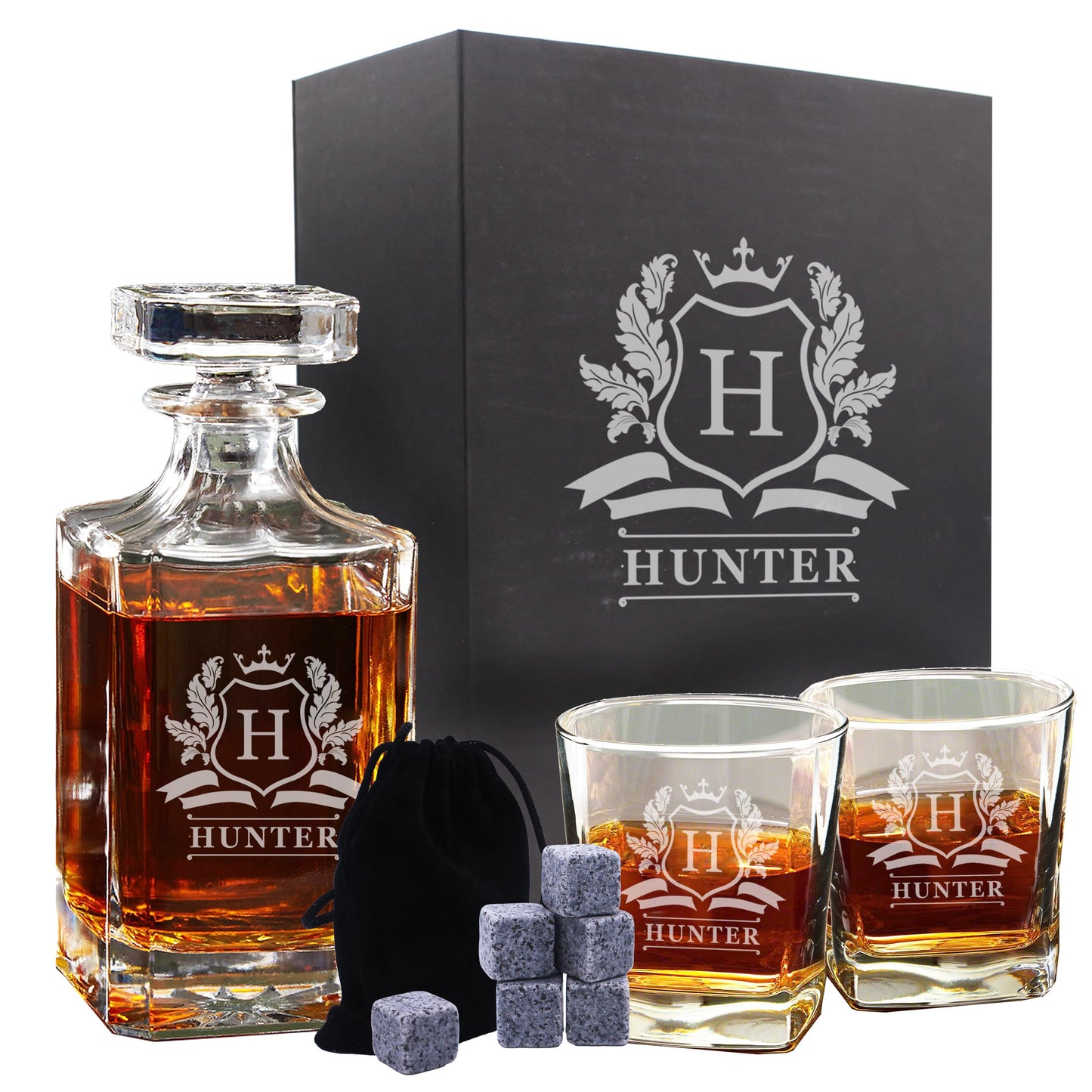 The Wedding Party Store, Personalized Whiskey Decanter and Glasses Set - Custom Monogrammed with Cavalier Design