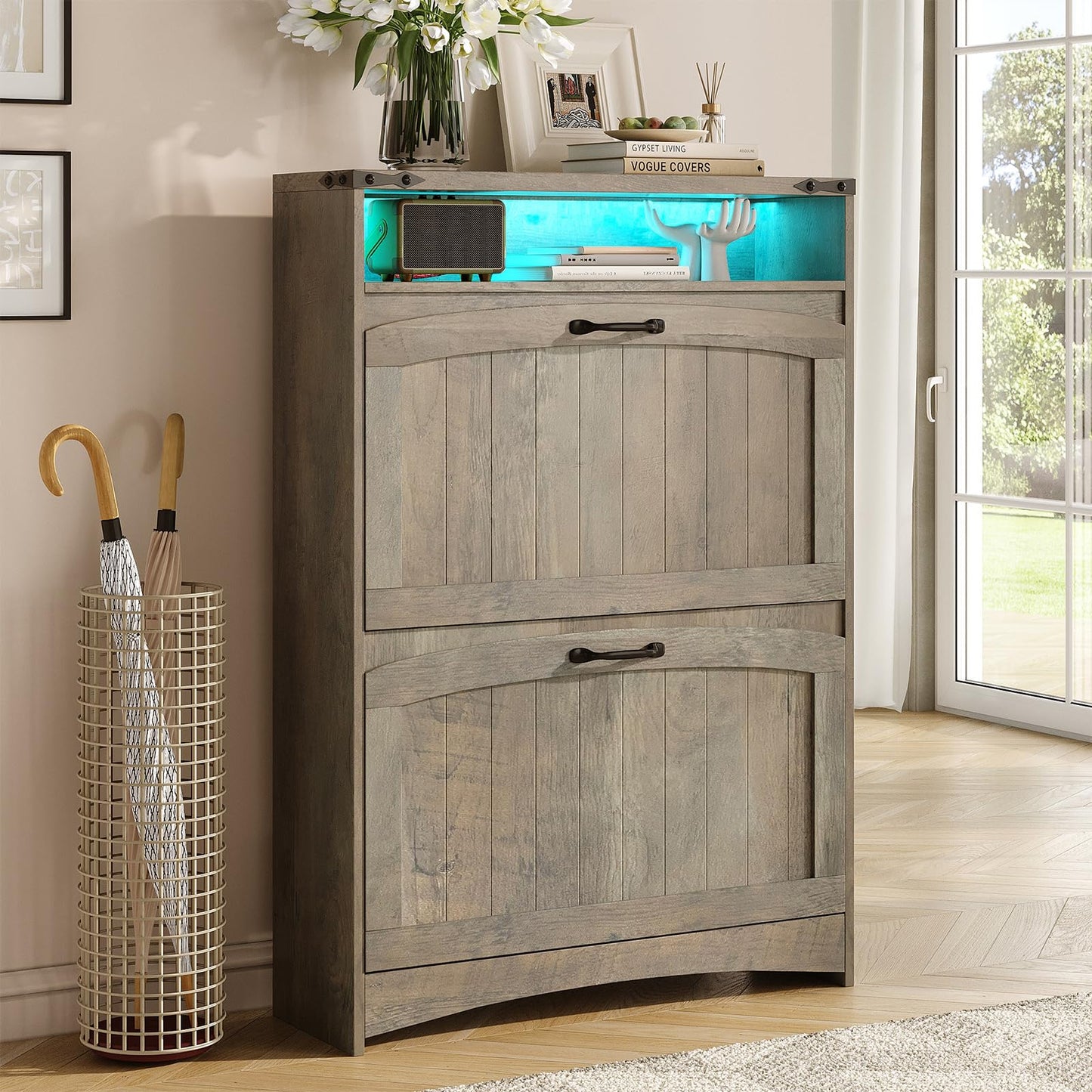 Maupvit Shoe Storage Cabinet with 2 Flip Drawers & Open Storage & RGB Lights, Narrow Shoe Rack Organizer Cabinets, Slim Shoe Cabinet for Entryway, Entrance, Hallway, Foyer, Rustic Grey