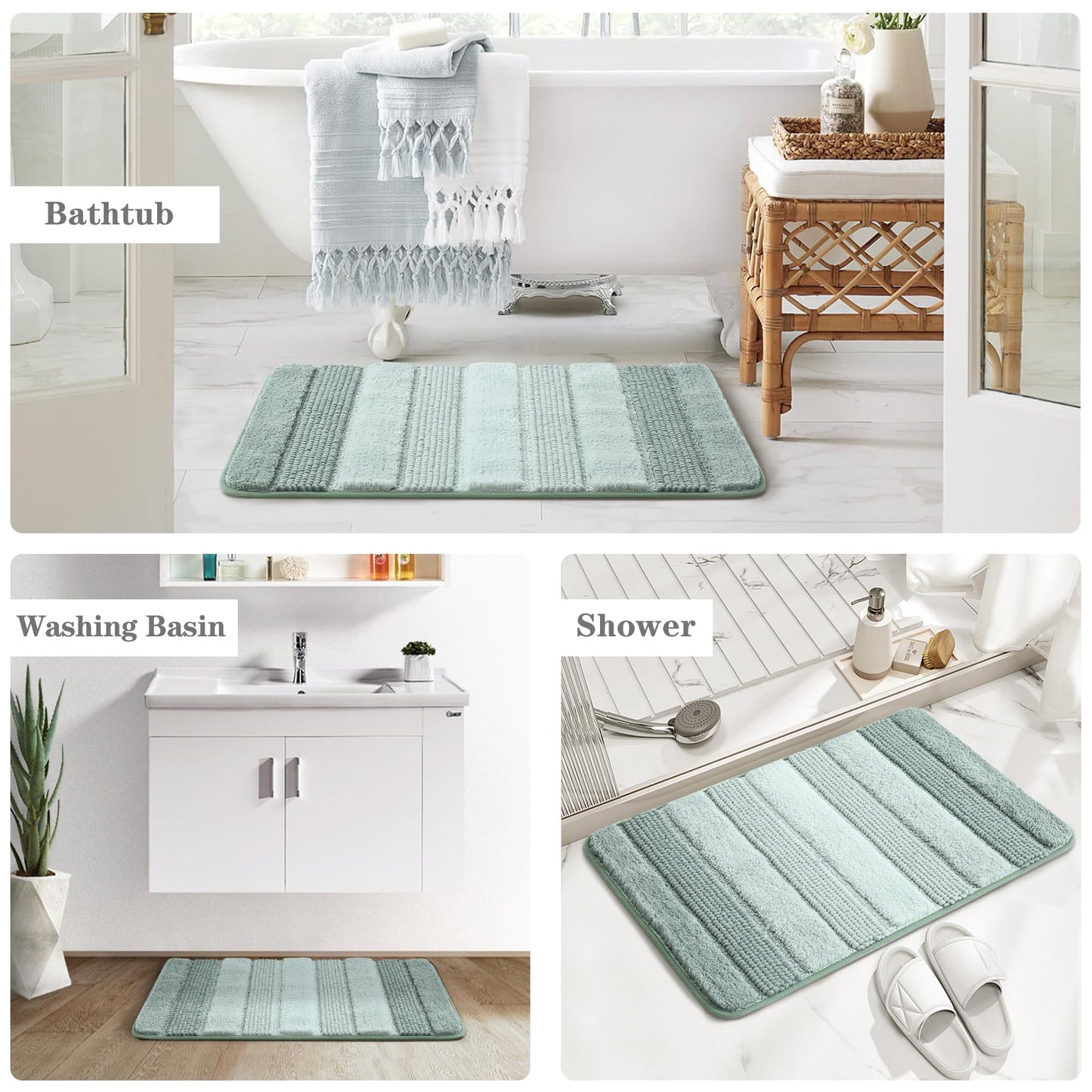Kmson Ombre Chenille Bathroom Rugs Mat, 17"x24" Non-Slip Bath Mat for Bathroom Floor & Bathtub, Ultra Soft Washable Shaggy Bath Rugs, Fluffy Thick Water Absorbent Microfiber Shower Mat Green