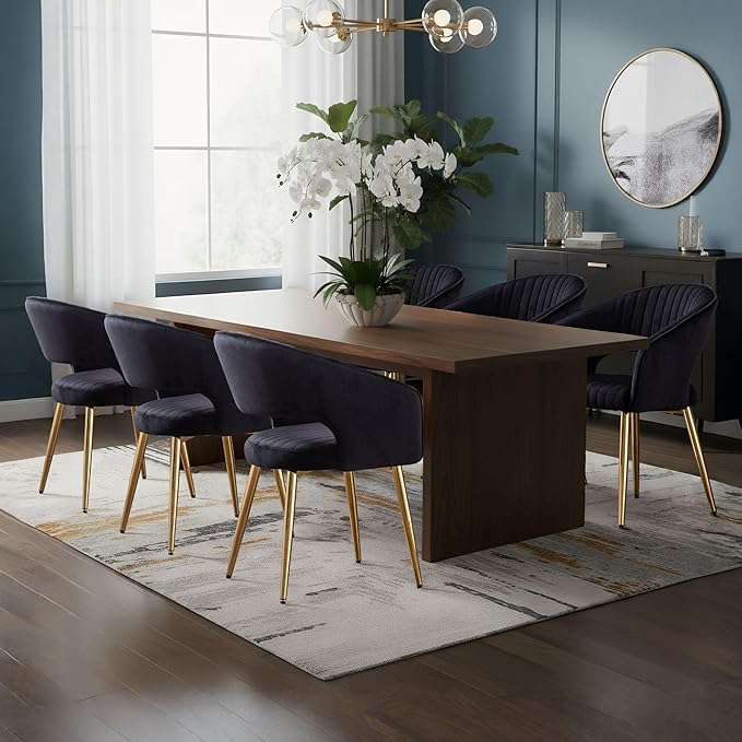 COMULER Black and Gold Velvet Dining Chairs, Modern Dining Room Chairs with Arms Set of 6 Upholstered Accent Chair Armchair with Barrel Back for Kitchen Living Room