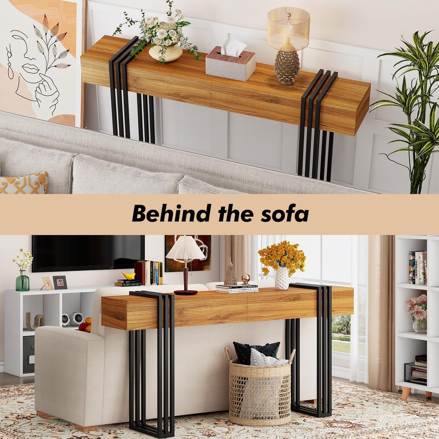 knoworld 63 Inch Long Console Table, Industrial Sofa Table Behind The Couch Rectangular Entryway Table for Entrance Hallway Living Room, Brown