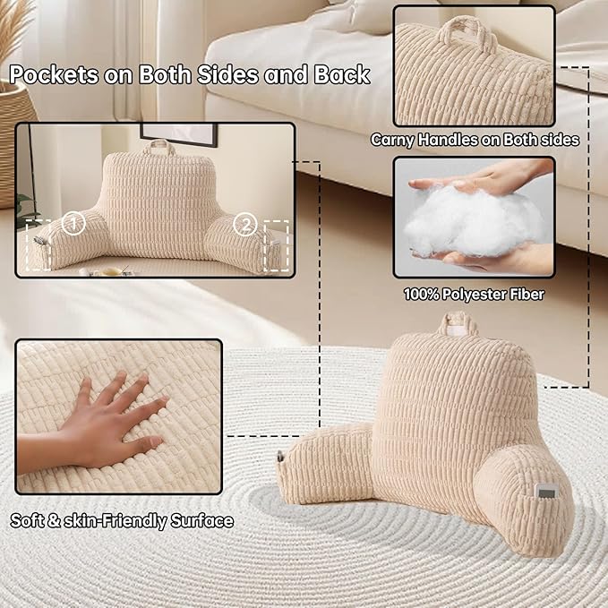 PAJEO Reading Pillow for Sitting in Bed, Large Backrest Reading Pillow with Arm Rest,Back-Rest Support Cushion for Sit Up on Couch, Sofa, and Floor, Dorm Essentials (Cream Corduroy, Large(19"))