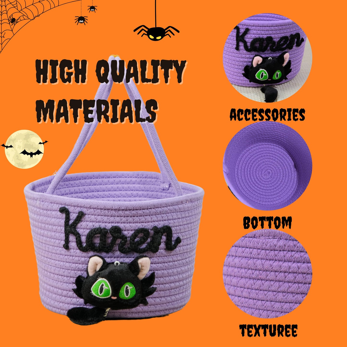 SphonxAi Personalized Halloween Basket, Custom Woven Candy Bag, Trick or Treat Bag with Name, Kid Pumpkin Bucket Ghost Basket