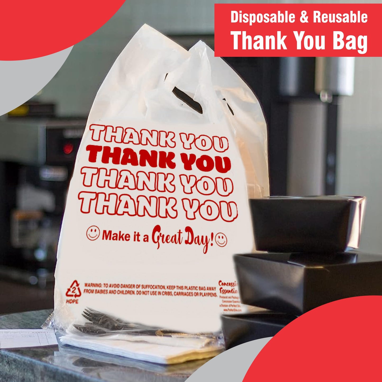 Concession Essentials Disposable & Reusable Thank You T-Shirt Bags- Pack of 100