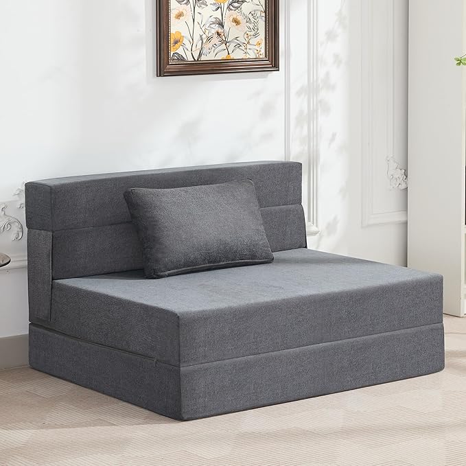 WUTUTUEE Folding Sofa Bed Convertible Floor Couch Foldable Chair Bed with Pillow，Linen Sleeper Chair Futon,Foldable Memory Foam Mattress for Bedroom/Living Room/Dorm/Office (Dark Grey, Standard)