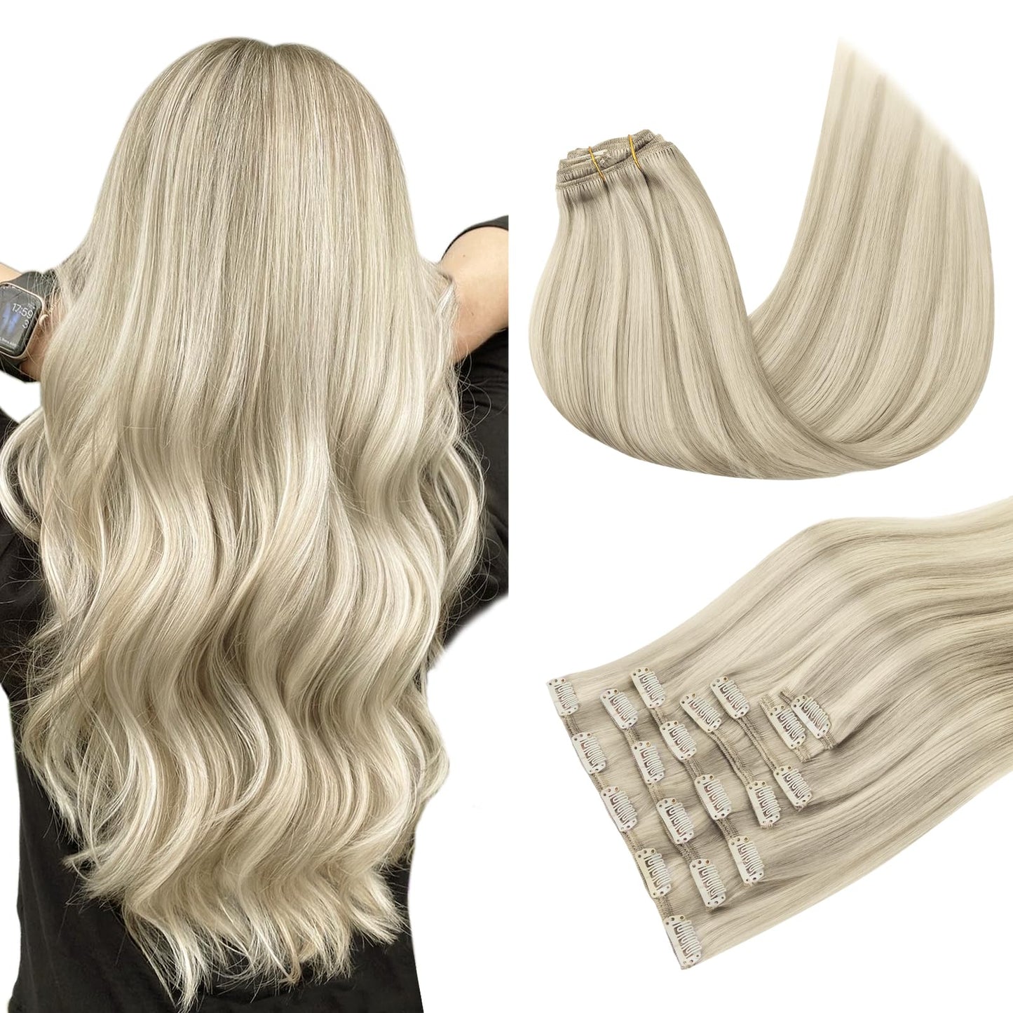 Human Hair Clip in Extensions, 7 pcs Ash Blonde Highlighted Platinum Blonde 120g 24 Inch, MAXITA Long Real Hair Extensions Clip