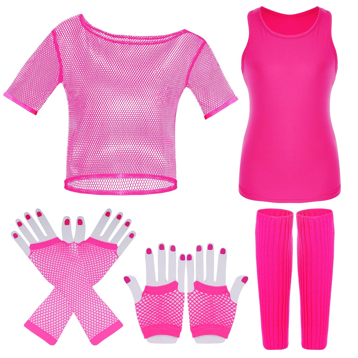 Ishua 8pcs 80s Fishnet Costumes, Women 80's Costume Neon Clothes Costume, Halloween 80s Women Costume (L)