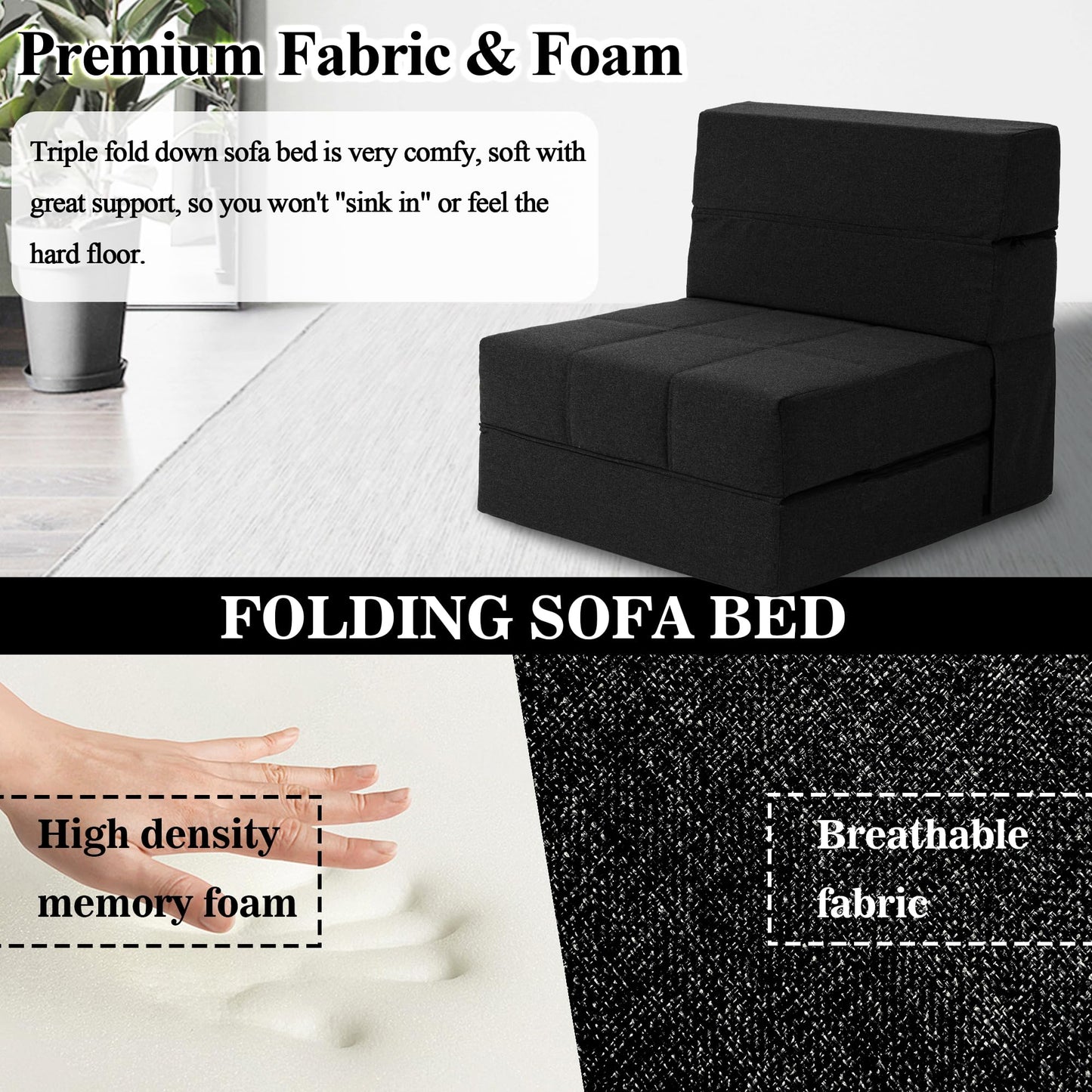 CATMIX Folding Sofa Bed, 7 inch Memory Foam Floor Couch, Convertible Sleeper Foldable Mattress Futon Sofa for Living Room/Home Office/Guest Beds/Apartment/Upstairs Loft, New Dark Gray, Single